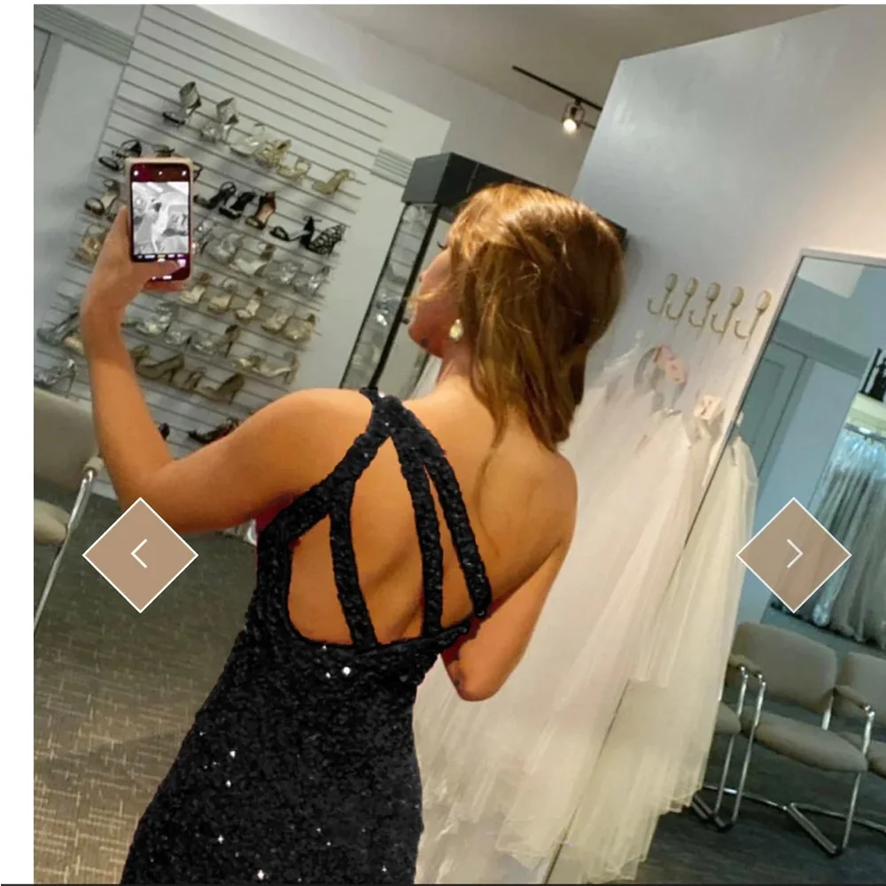 black mermaid glitter one shoulder backless prom dress with sequins - Picture 2 of 4